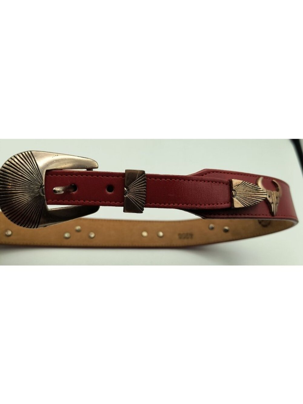 Vintage Silver Creek Tooled Leather Belt With Western Brass Accents & Navajo-Ins